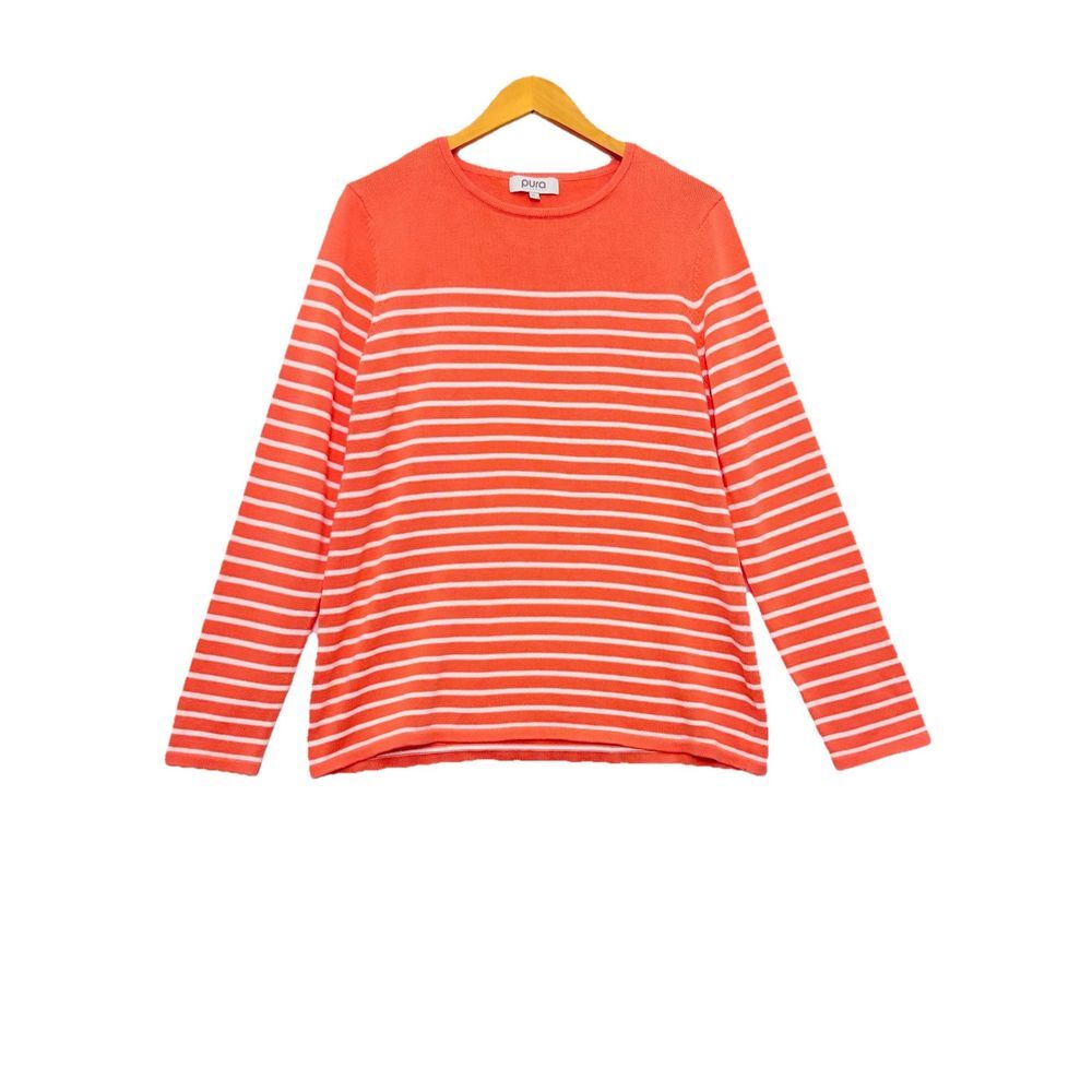Pura Cashmere Sweater Women XL Orange Striped Supima Cotton Crew‎ Neck Long Slv
